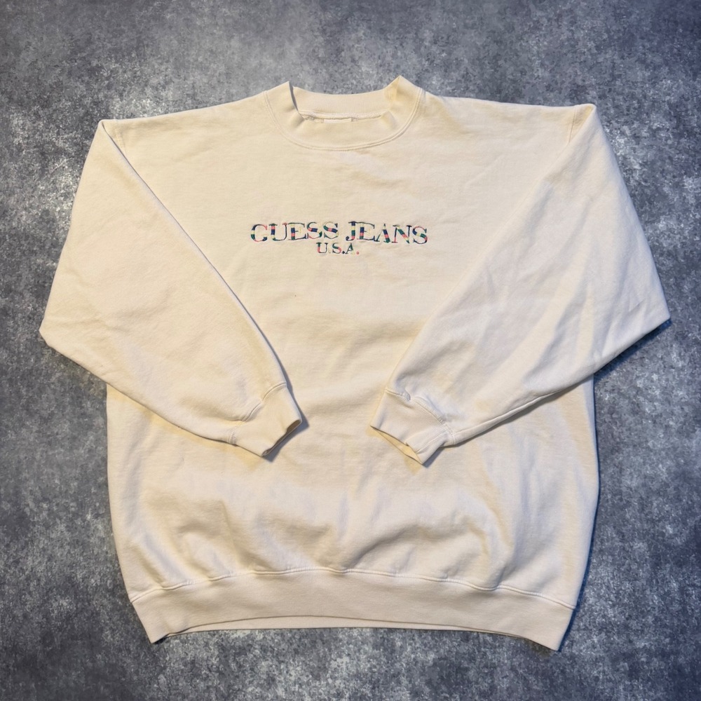 Vintage Guess Jeans USA Embroidered Crewneck Sweatshirt Cream 80s Women's XL